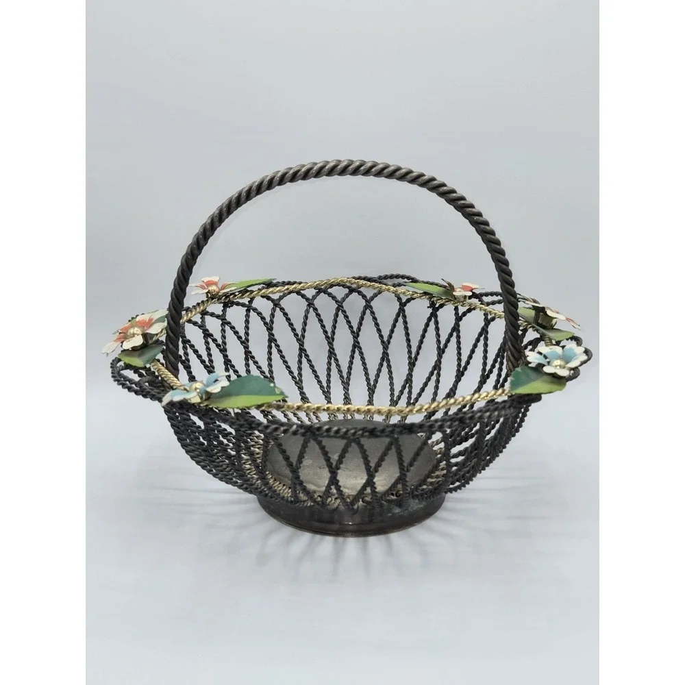 Vintage Silver Plate Wirework Basket Floral Painted Flowers Twisted Handle Japan